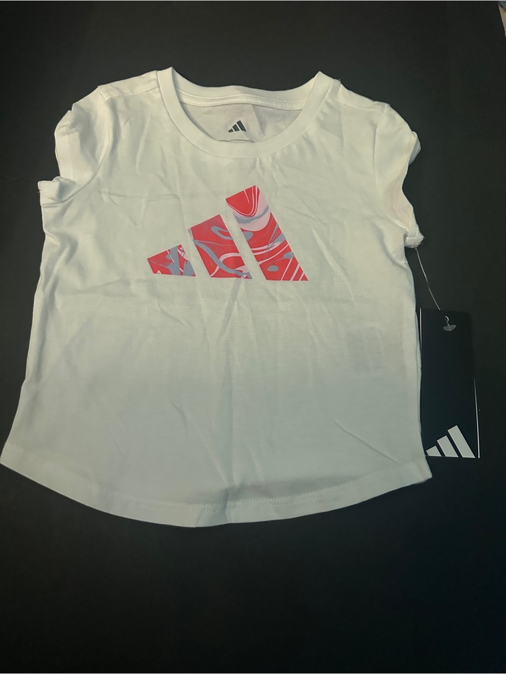 adidas White Short Sleeve Tee with Pink Graphic Logo